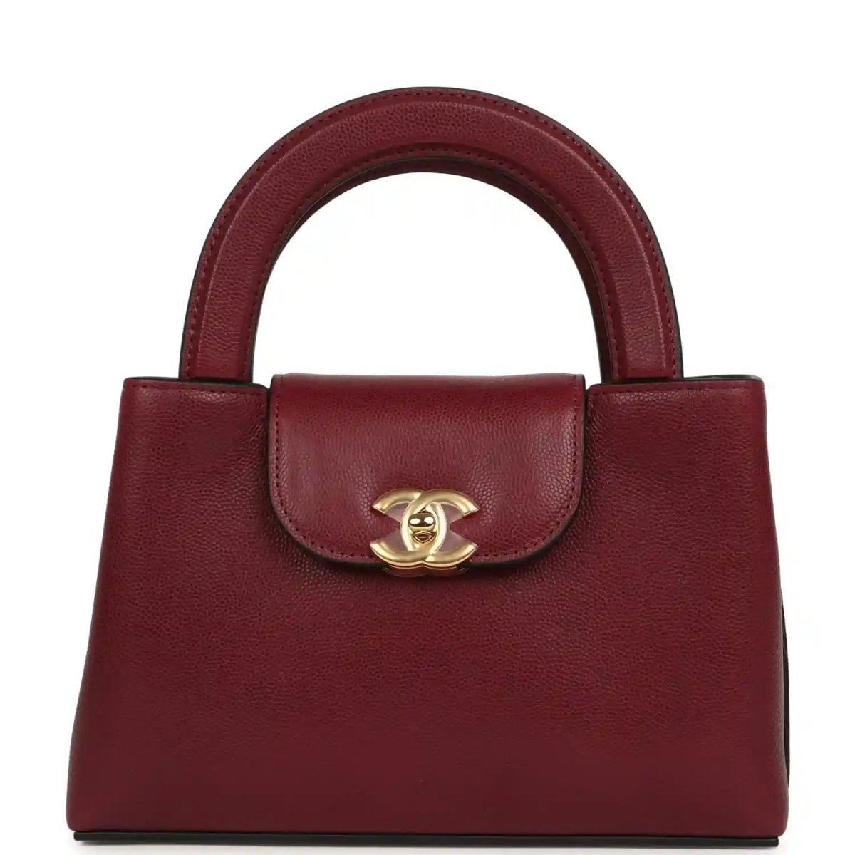 Dark burgundy caviar leather mini shopper bag with gold CC turn-lock and top handles