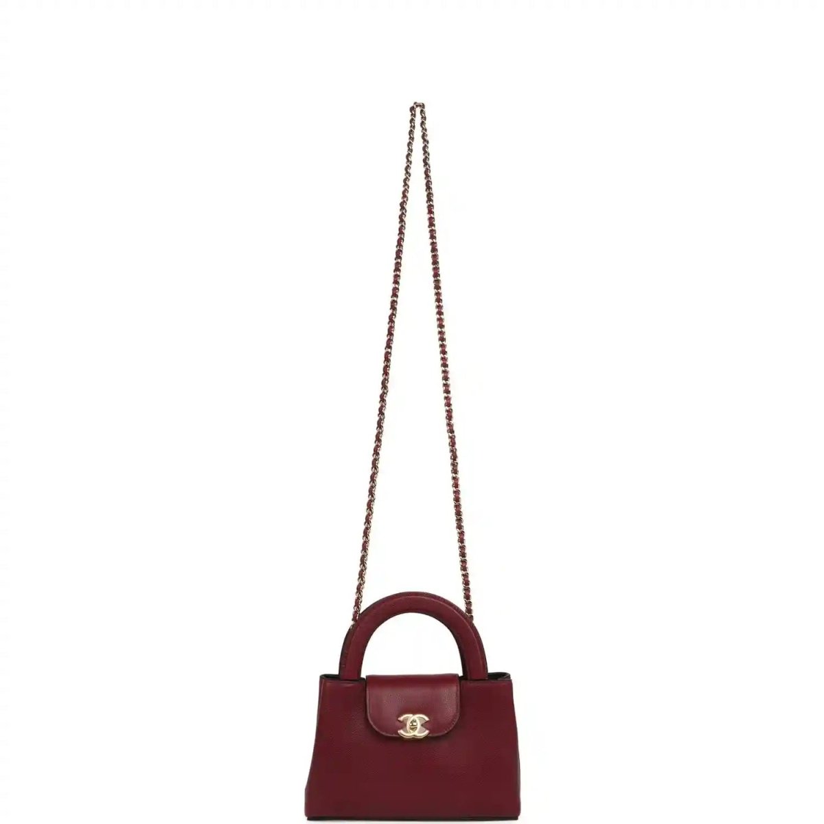 Dark burgundy caviar leather mini shopper bag with shoulder chain and gold CC clasp
