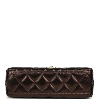 Quilted small shopper bag in dark bronze with rear panel and top snap closure