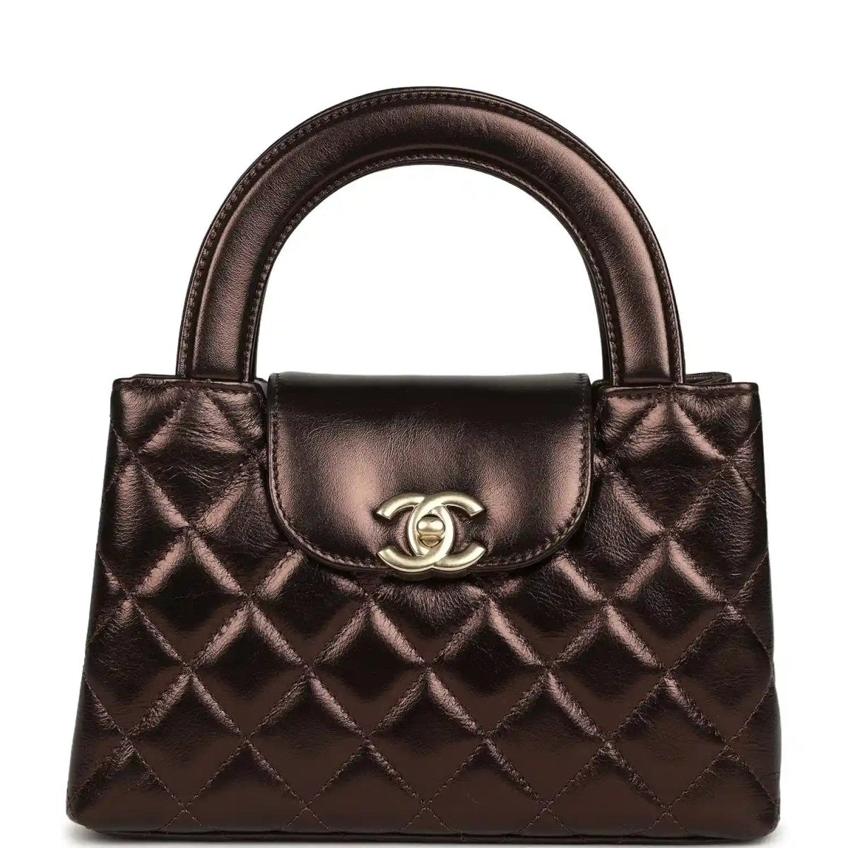 Quilted small shopper bag in dark bronze with top handles and front flap clasp
