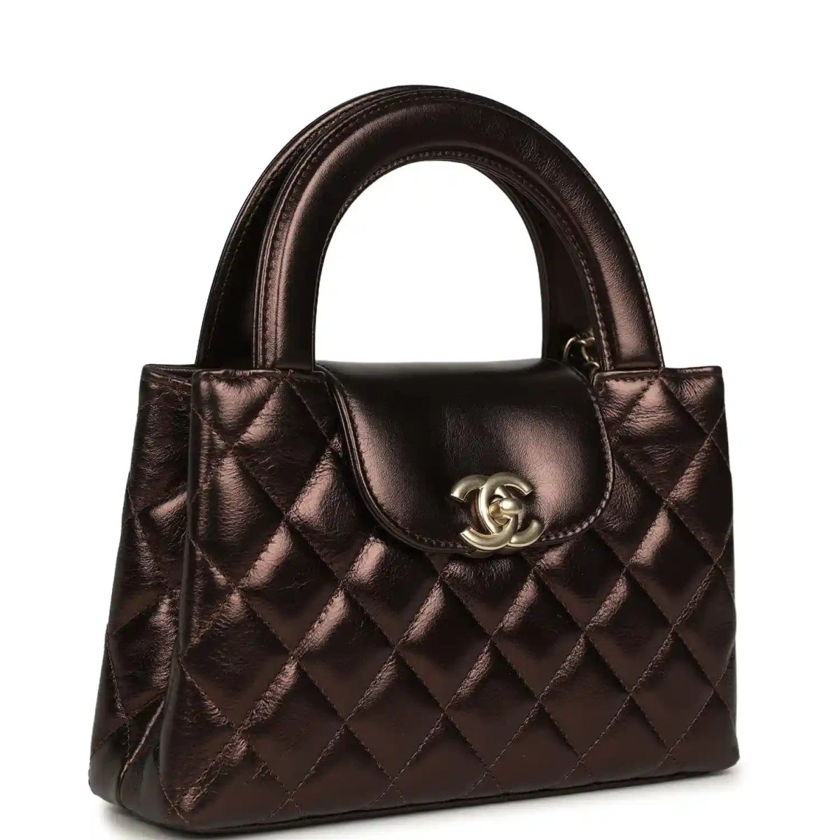 Quilted small shopper bag in dark bronze with top handles and front CC flap clasp