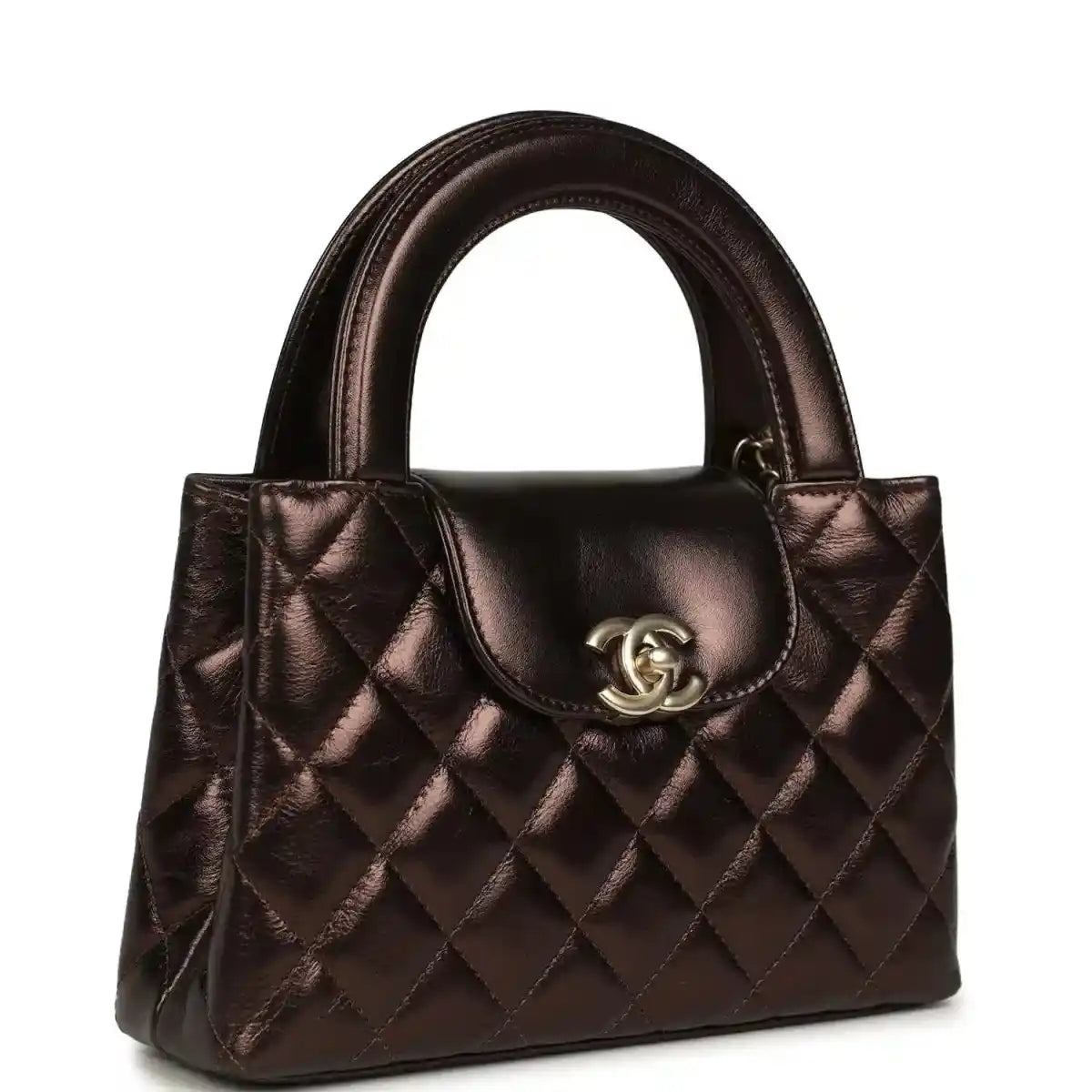 Quilted small shopper bag in dark bronze with top handles and front CC flap clasp