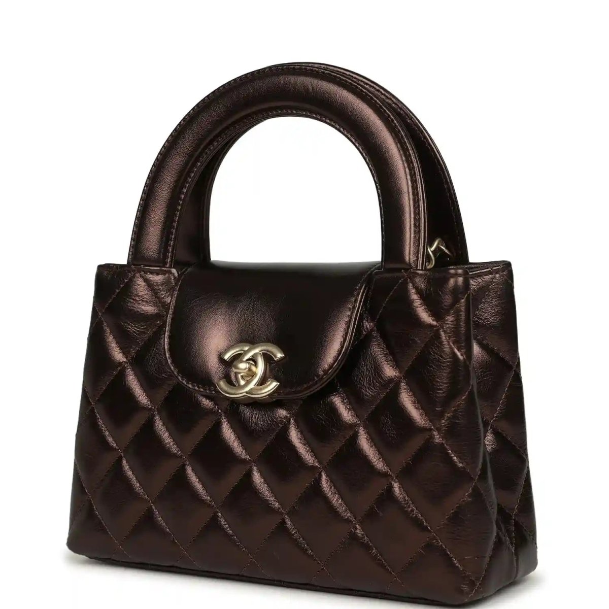Quilted small shopper bag in dark bronze with top handles and front flap CC clasp