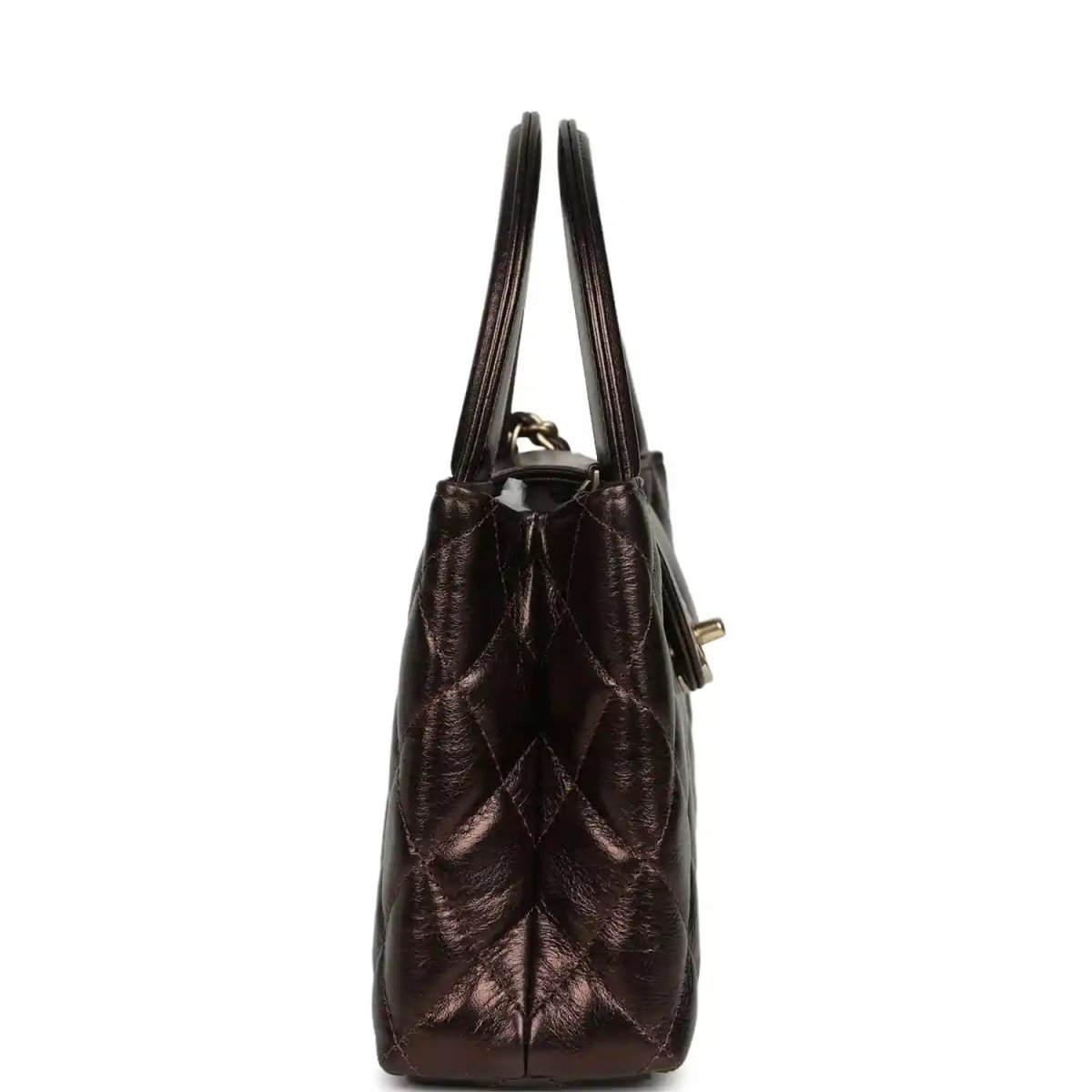 Quilted small shopper bag in dark bronze with top handles and side view with zipper pull