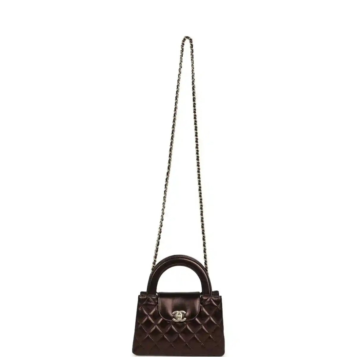 Small shopper bag in dark bronze with quilted front, CC clasp, and long chain strap