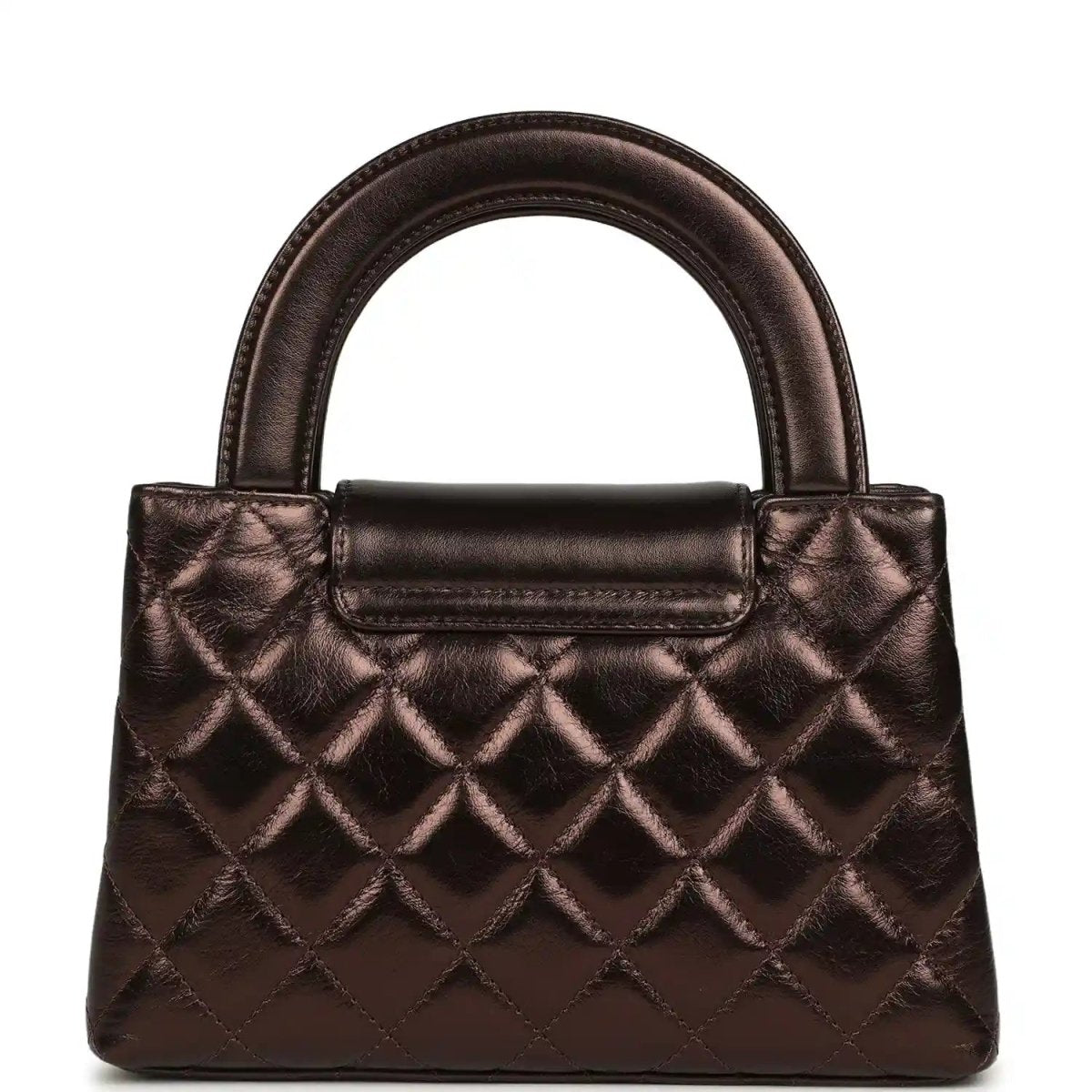 Small shopper bag in dark bronze with quilted pattern, top handles, and front flap