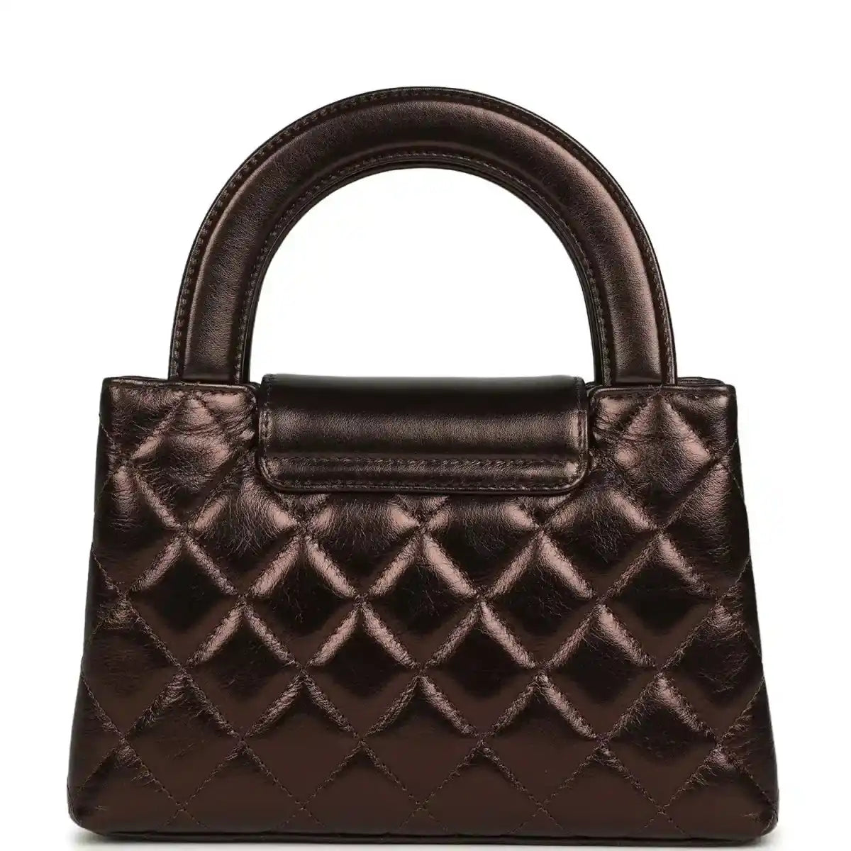 Small shopper bag in dark bronze with quilted pattern, top handles, and front flap