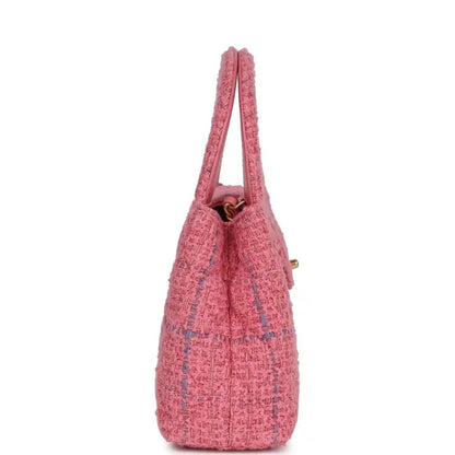 Pink tweed mini tote bag with top handles and side seam detail