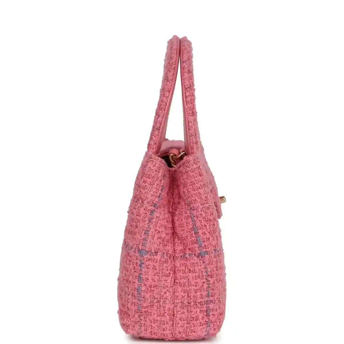 Pink tweed mini tote bag with top handles and side seam detail