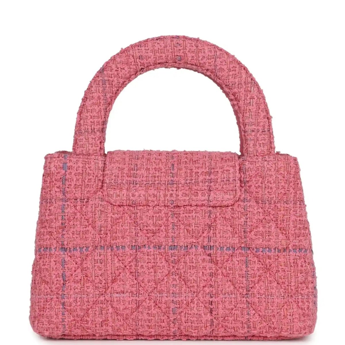 Pink tweed small shopper bag with top handle and front flap pocket
