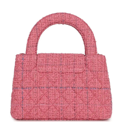 Pink tweed small shopper bag with top handle and front flap pocket