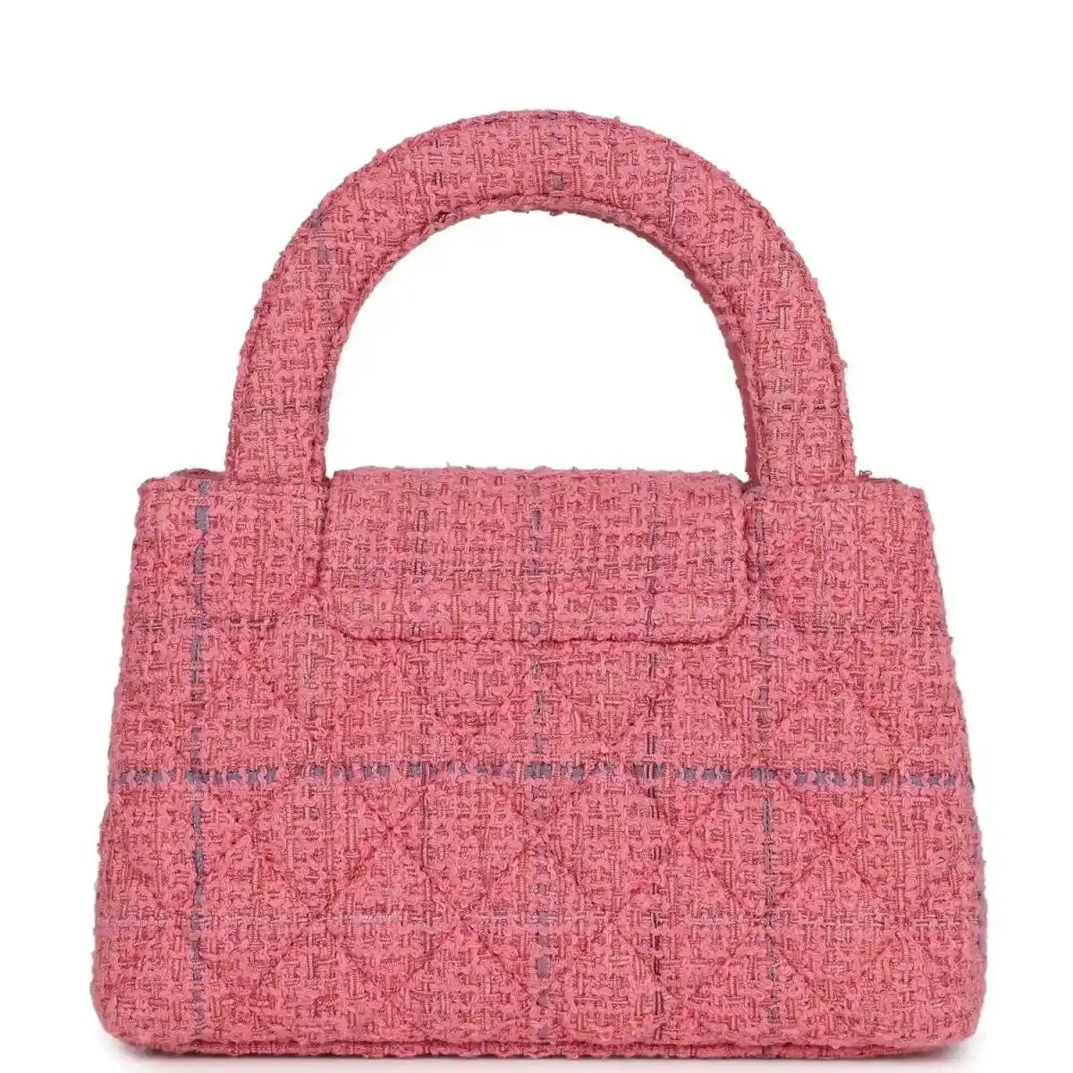 Pink tweed small shopper bag with top handle and front flap pocket
