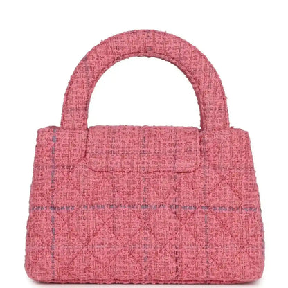 Pink tweed small shopper bag with top handle and front flap pocket