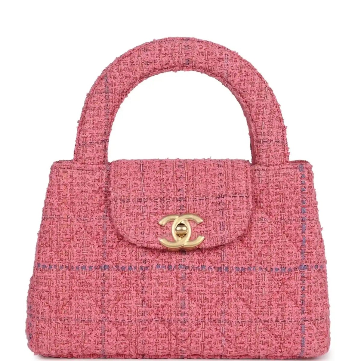 Pink tweed small shopper bag with top handle, front flap, and gold CC clasp