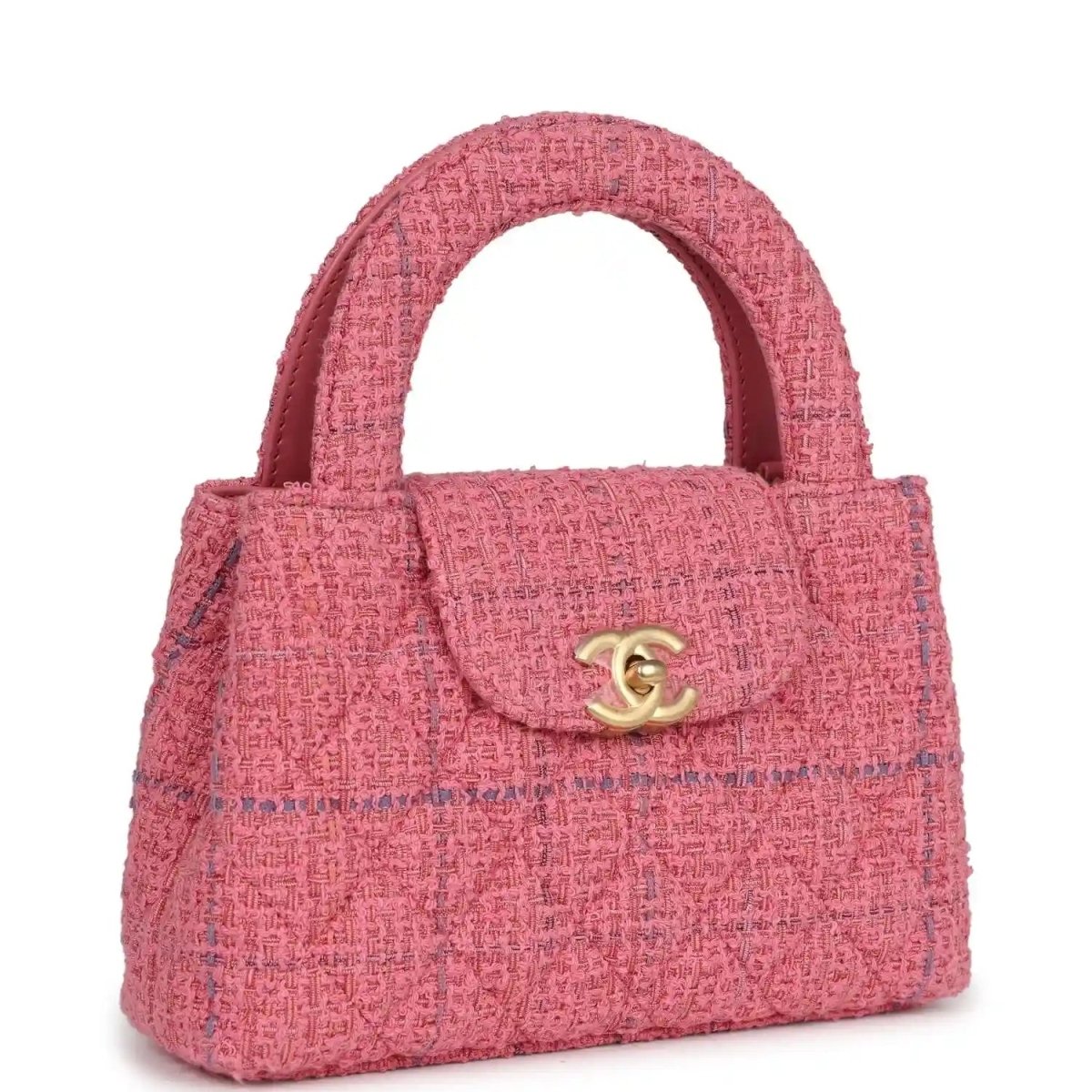 Pink tweed small shopper bag with top handle and gold CC logo on flap