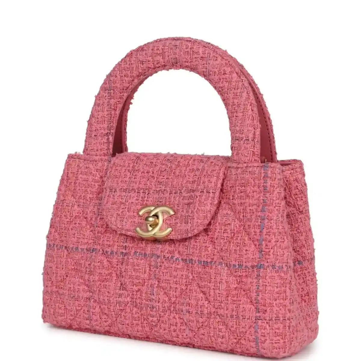 Pink tweed small shopper bag with top handle and gold CC logo on flap