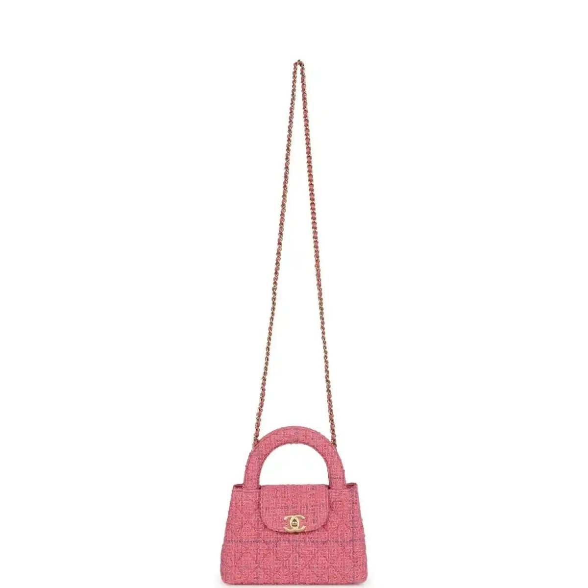 Pink tweed mini shopper bag with top handle and long chain strap