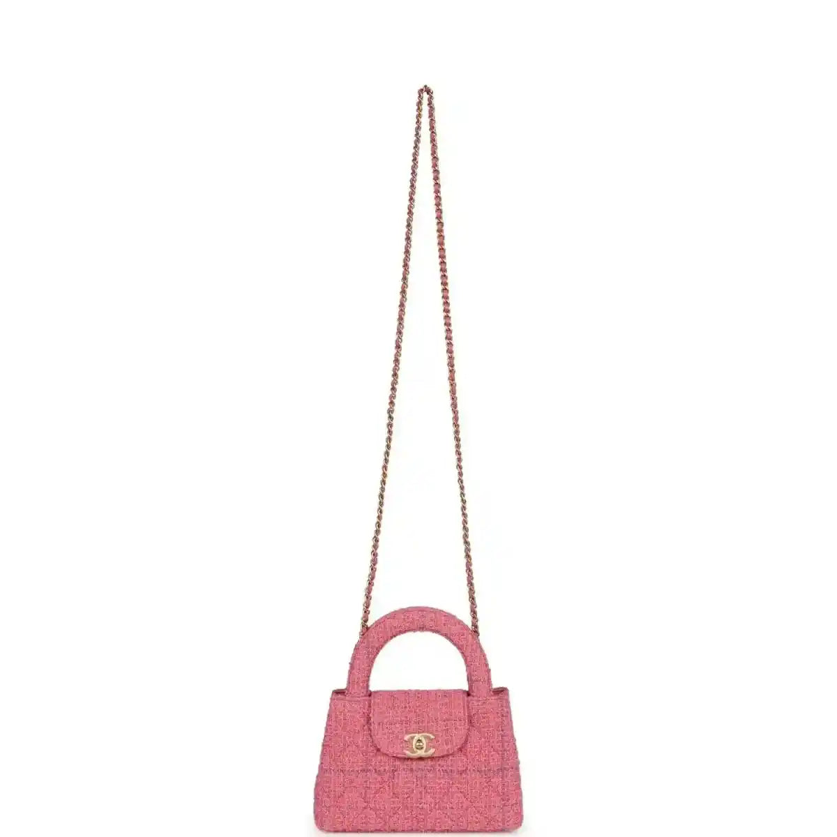 Pink tweed mini shopper bag with top handle and long chain strap