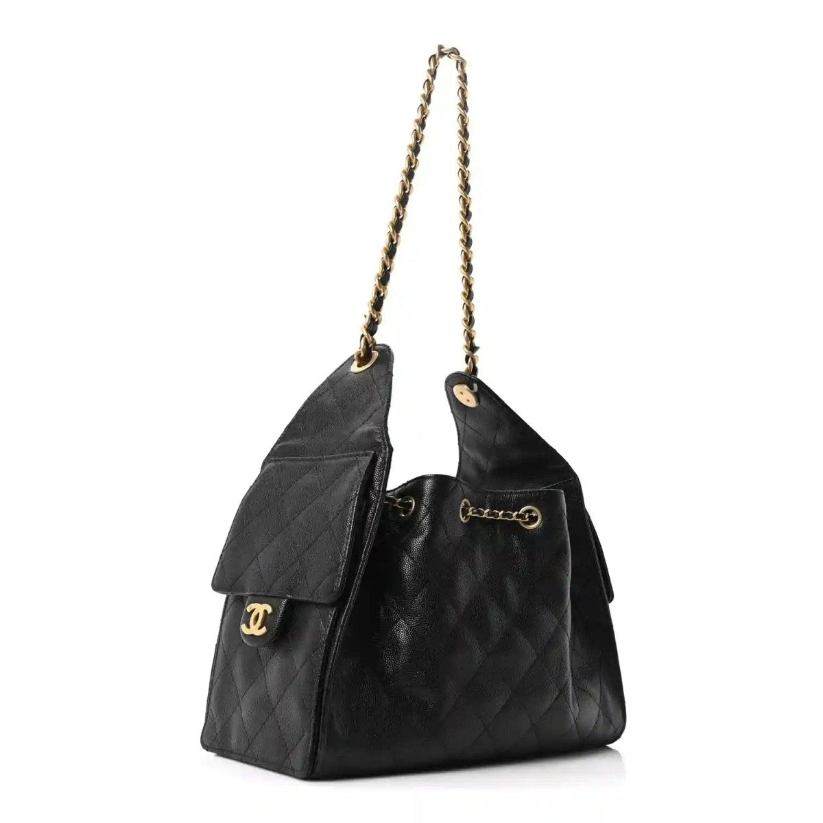 Chanel quilted caviar leather handbag, black, flap top with gold chain strap