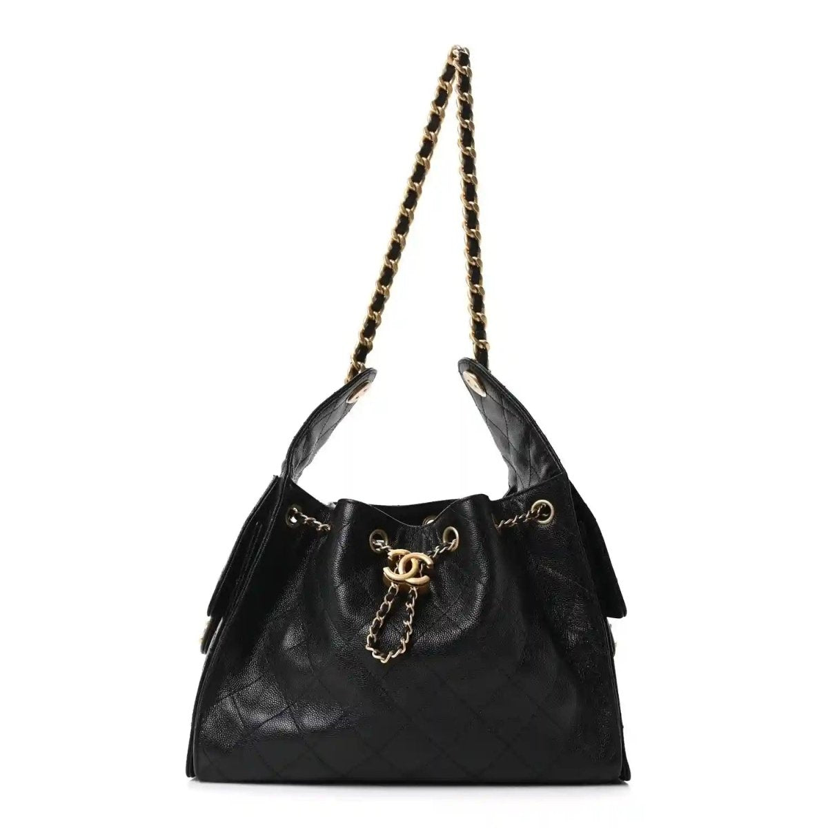 Chanel quilted caviar leather handbag, black, gold chain shoulder straps