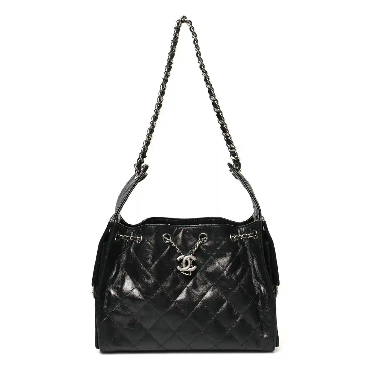 Chanel small black quilted leather handbag with chain handle and CC logo