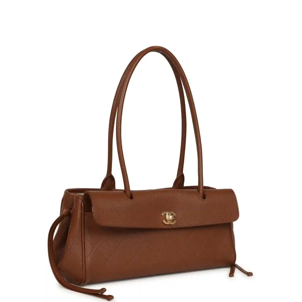 Chanel small brown tote bag with top flap, CC clasp, and side drawstring ties