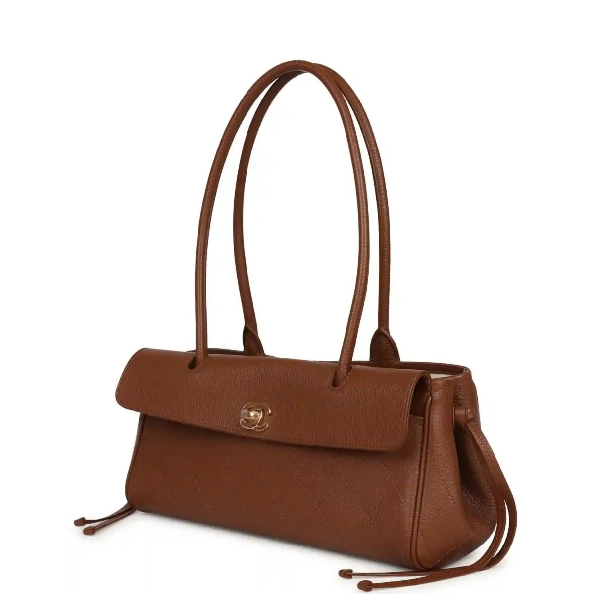 Chanel small brown tote bag with top flap, CC turn-lock and long crossbody strap