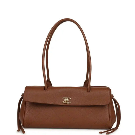 Chanel small brown tote bag with top flap and CC turn-lock, short handle straps