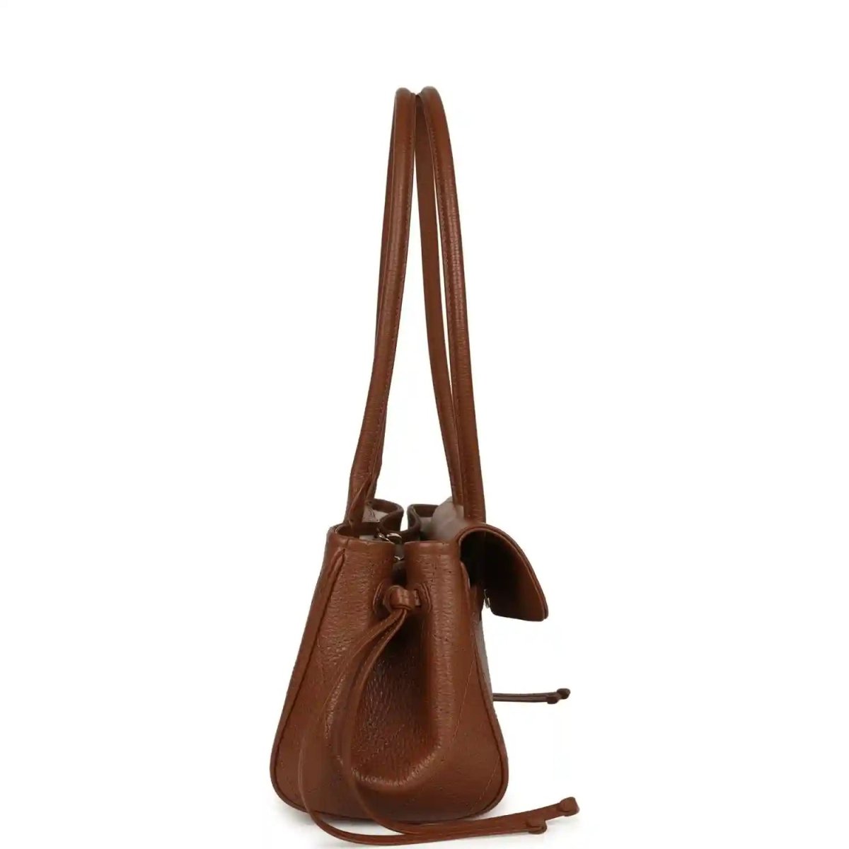 Chanel small brown tote bag with narrow shoulder straps and side drawstring ties