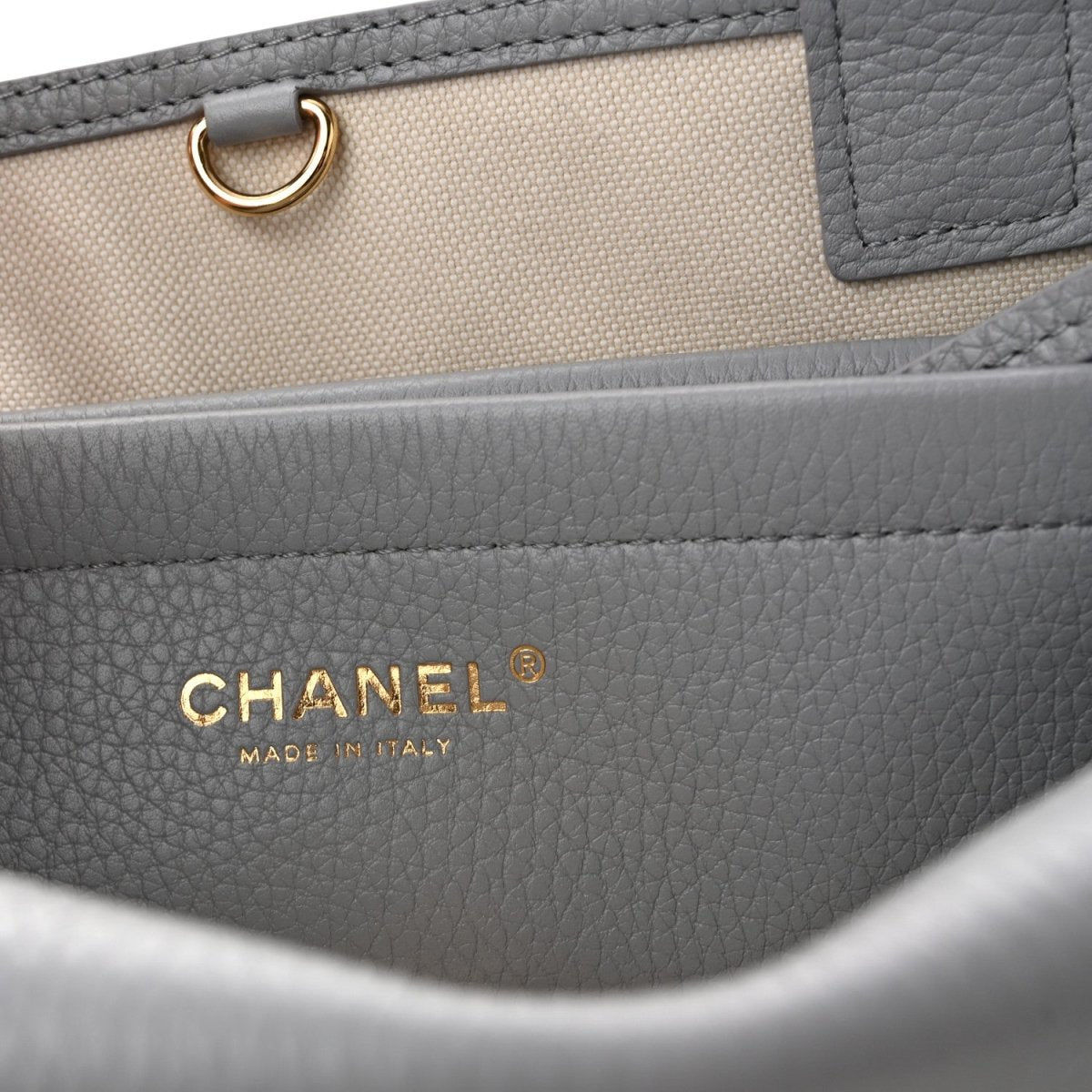CHANEL small shopping bag interior, CHANEL logo patch and gold-tone ring hardware