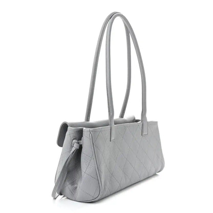 CHANEL small shopping bag, grey grained calfskin, angled view with top handles