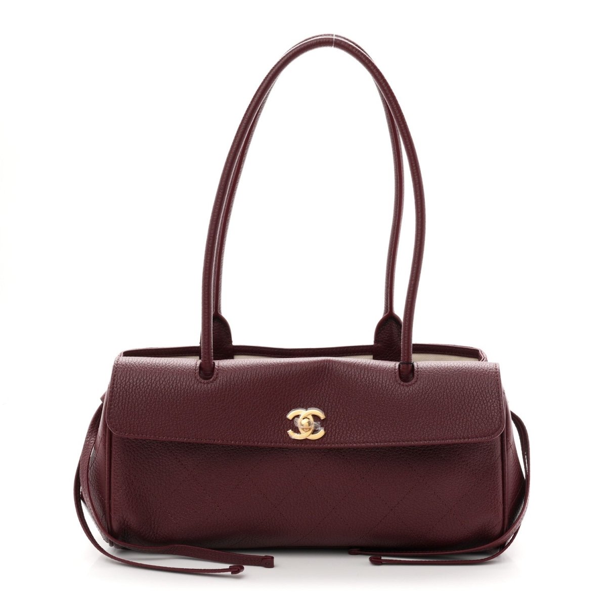 Chanel small shopping bag in burgundy grained calfskin with stitched handles and flap