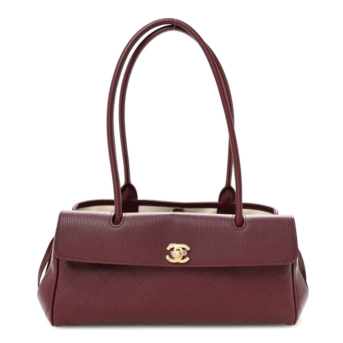 Burgundy grained leather small shopping bag with top flap and gold CC turn-lock