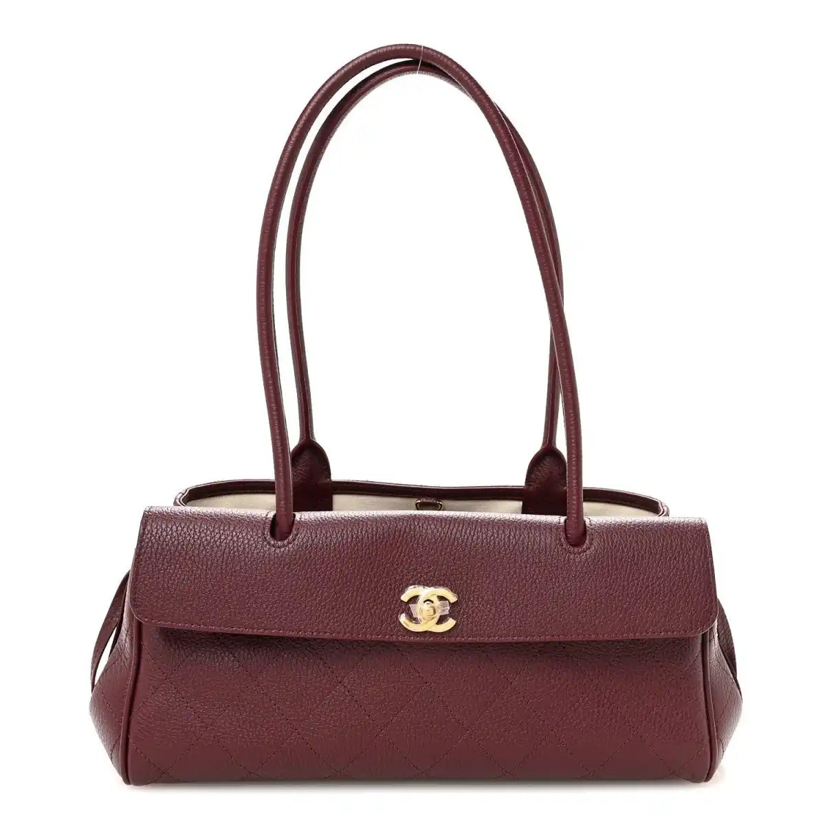 Burgundy grained leather small shopping bag with top flap and gold CC turn-lock