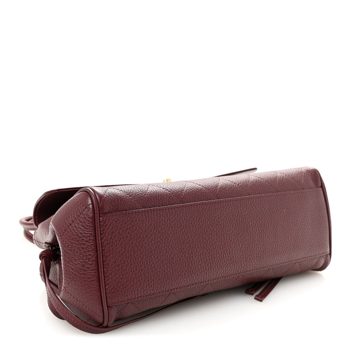 Burgundy grained leather small shopping bag with side cords and rounded base