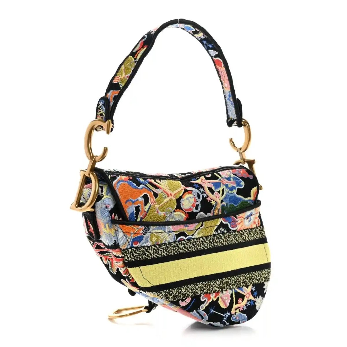 Embroidered canvas saddle bag with top handles, gold hardware; multicolor floral-zodiac motif