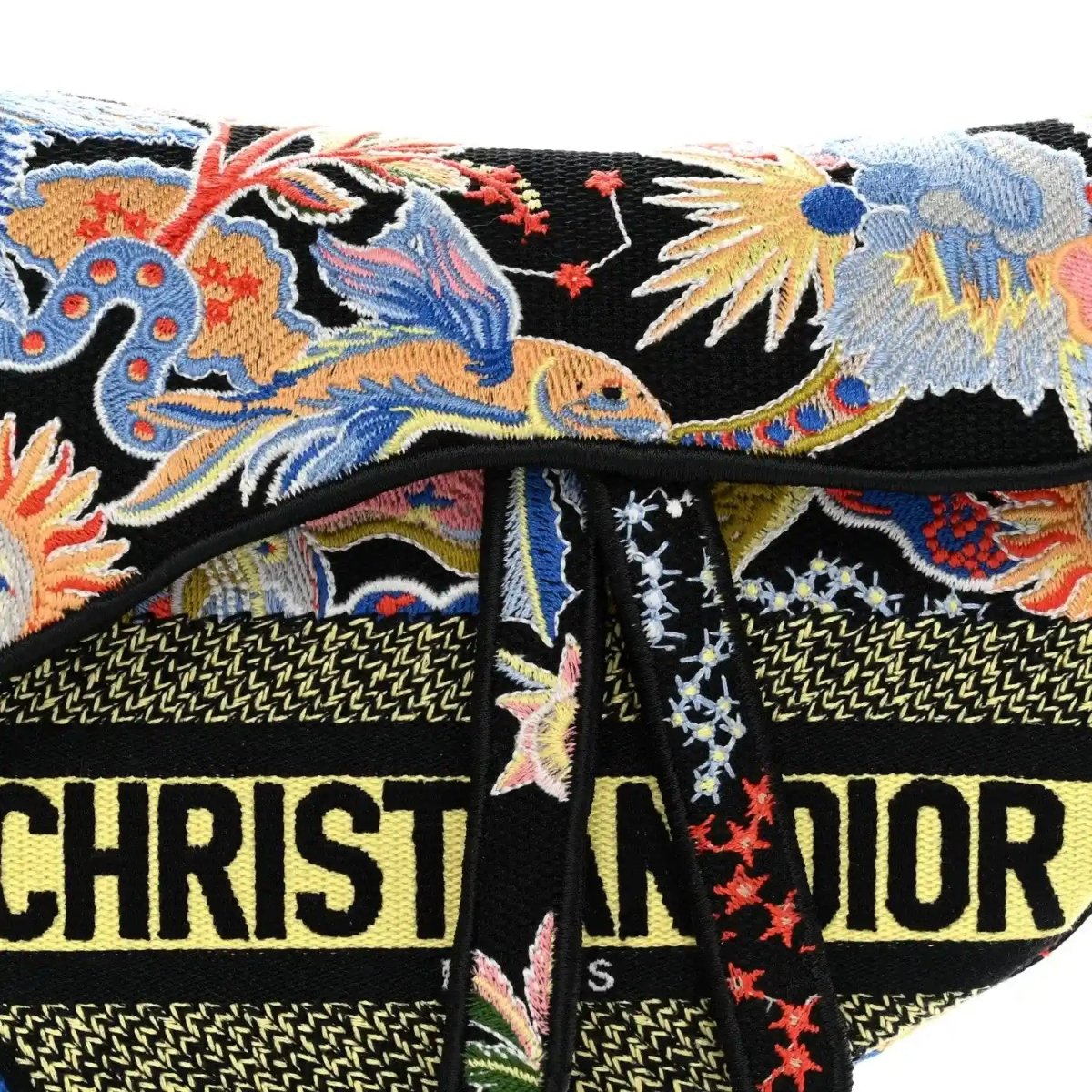 Embroidered front flap with 'CHRISTIAN DIOR' lettering and multicolor zodiac figures