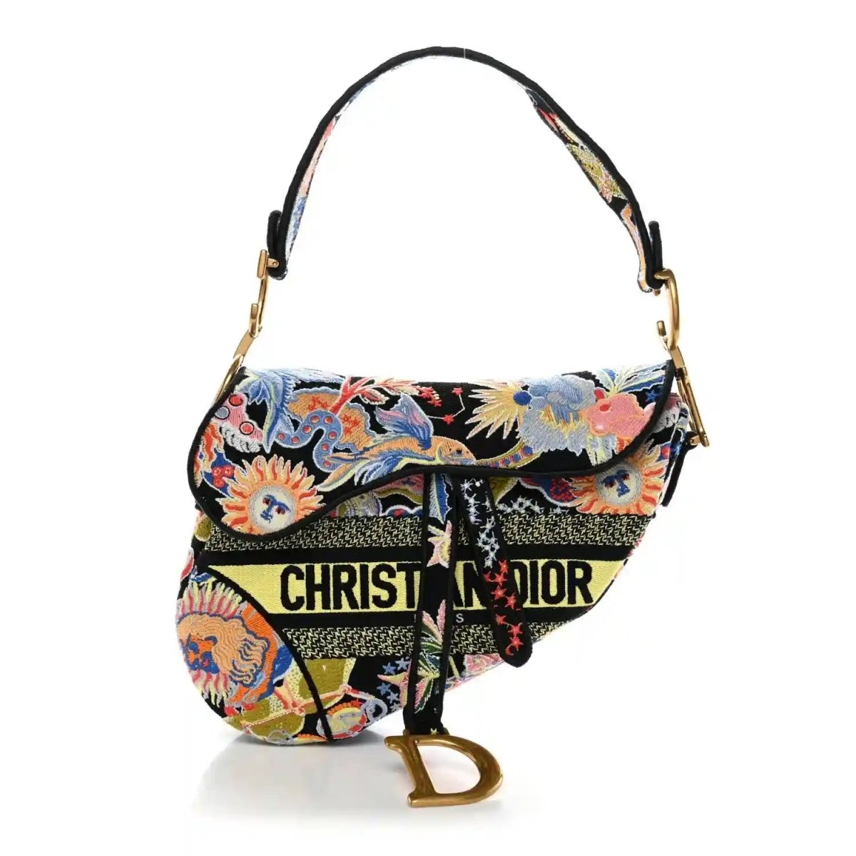 Embroidered canvas saddle bag with top handles and gold hardware, multicolor zodiac trim
