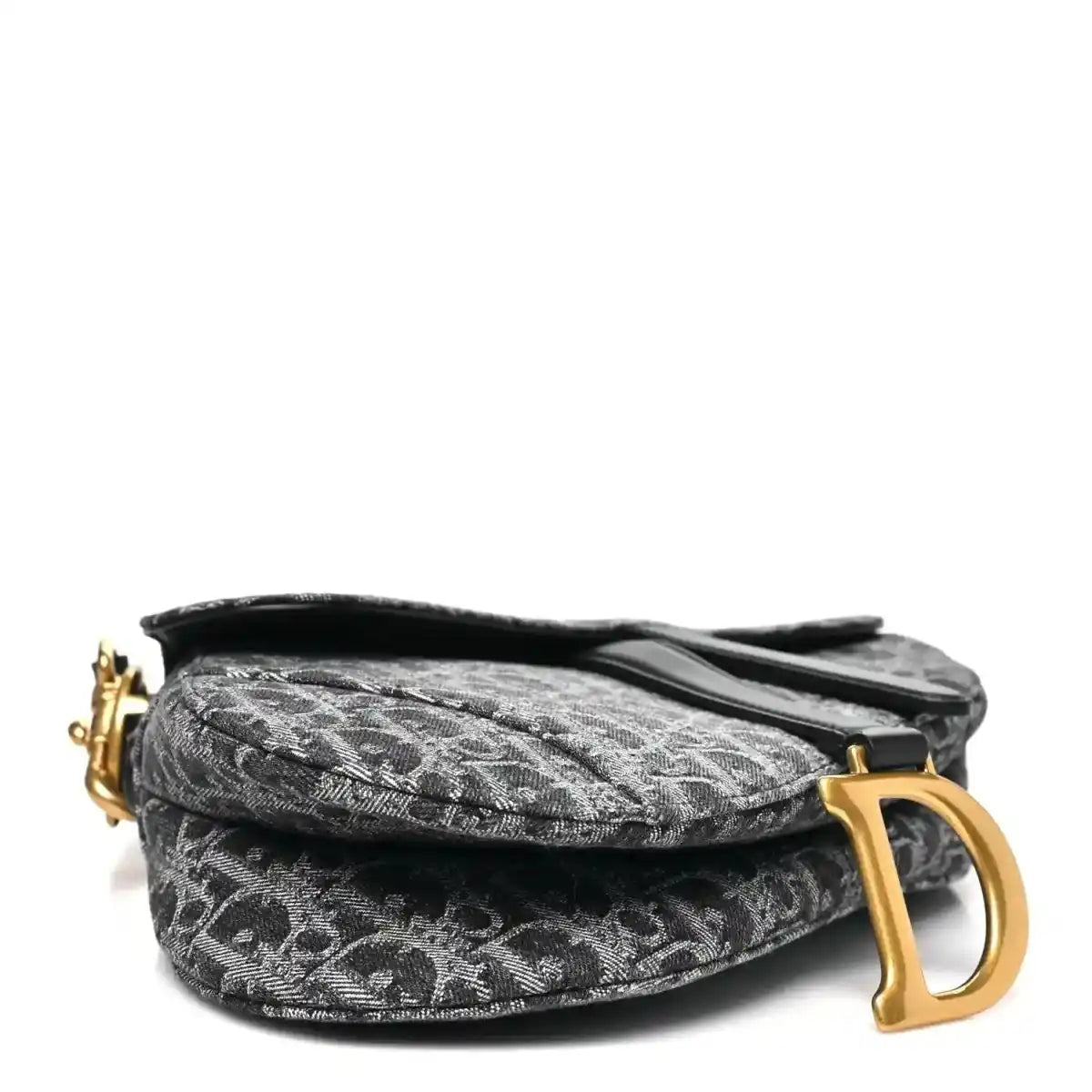 Black jacquard saddle bag with flap and large gold-tone D-shaped charm