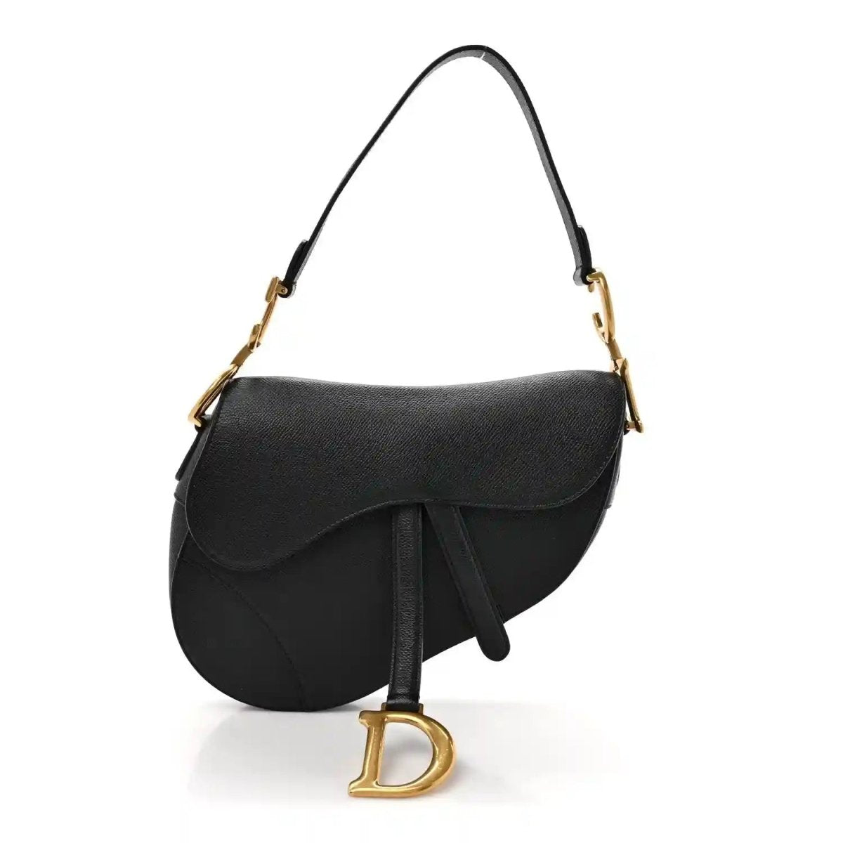 Christian Dior black grained calfskin saddle bag with curved flap and gold-tone hardware