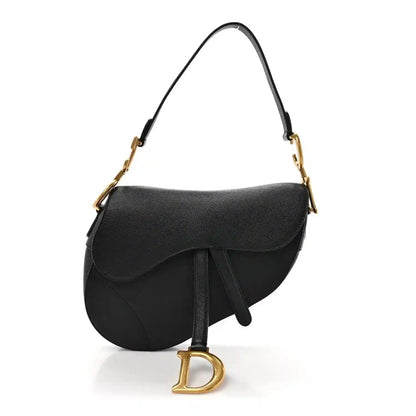 Christian Dior black grained calfskin saddle bag with curved flap and gold-tone hardware