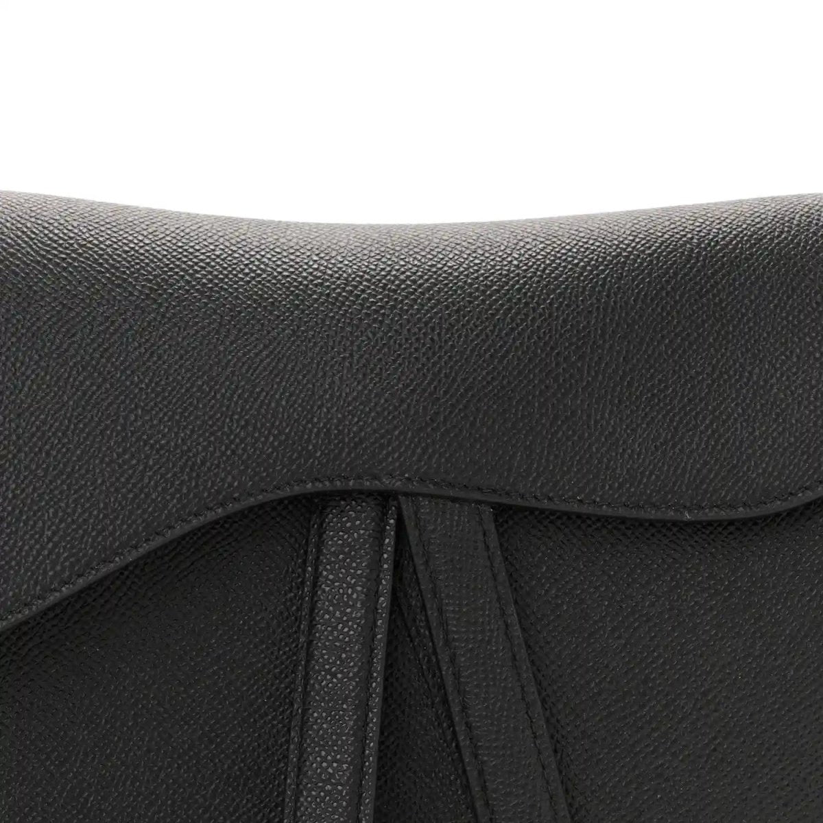 Black grained leather flap with stitched underside and center fold