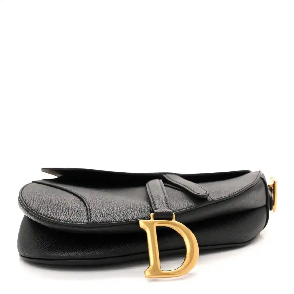 Black grained calfskin saddle bag with flap top and gold-tone D accent