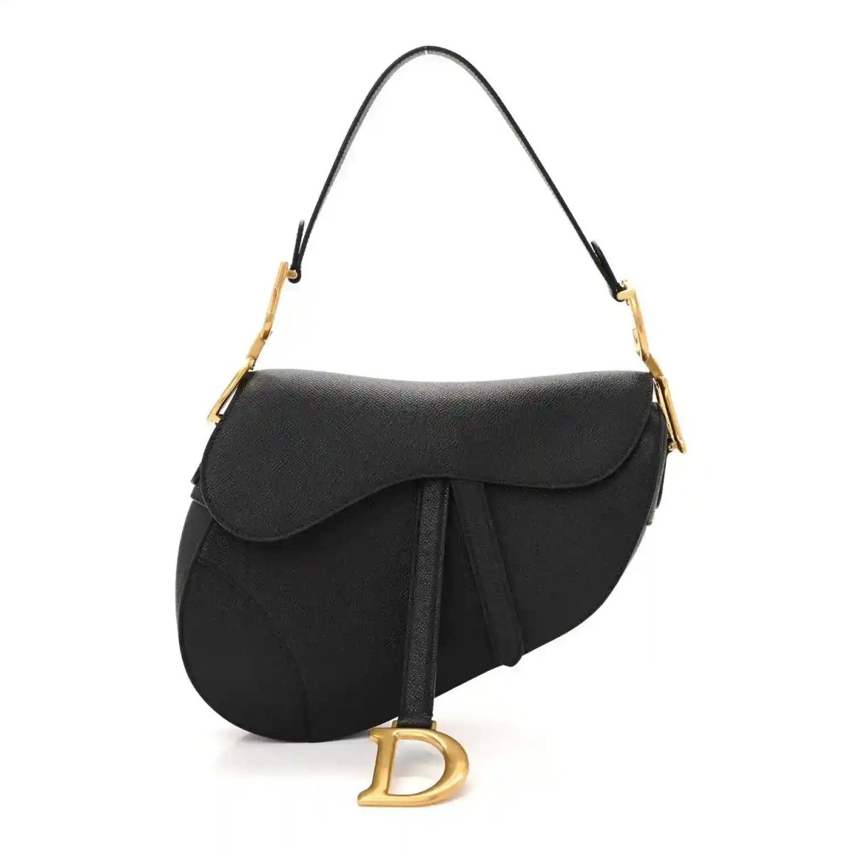 Black grained calfskin saddle bag with flap and gold-tone D hardware