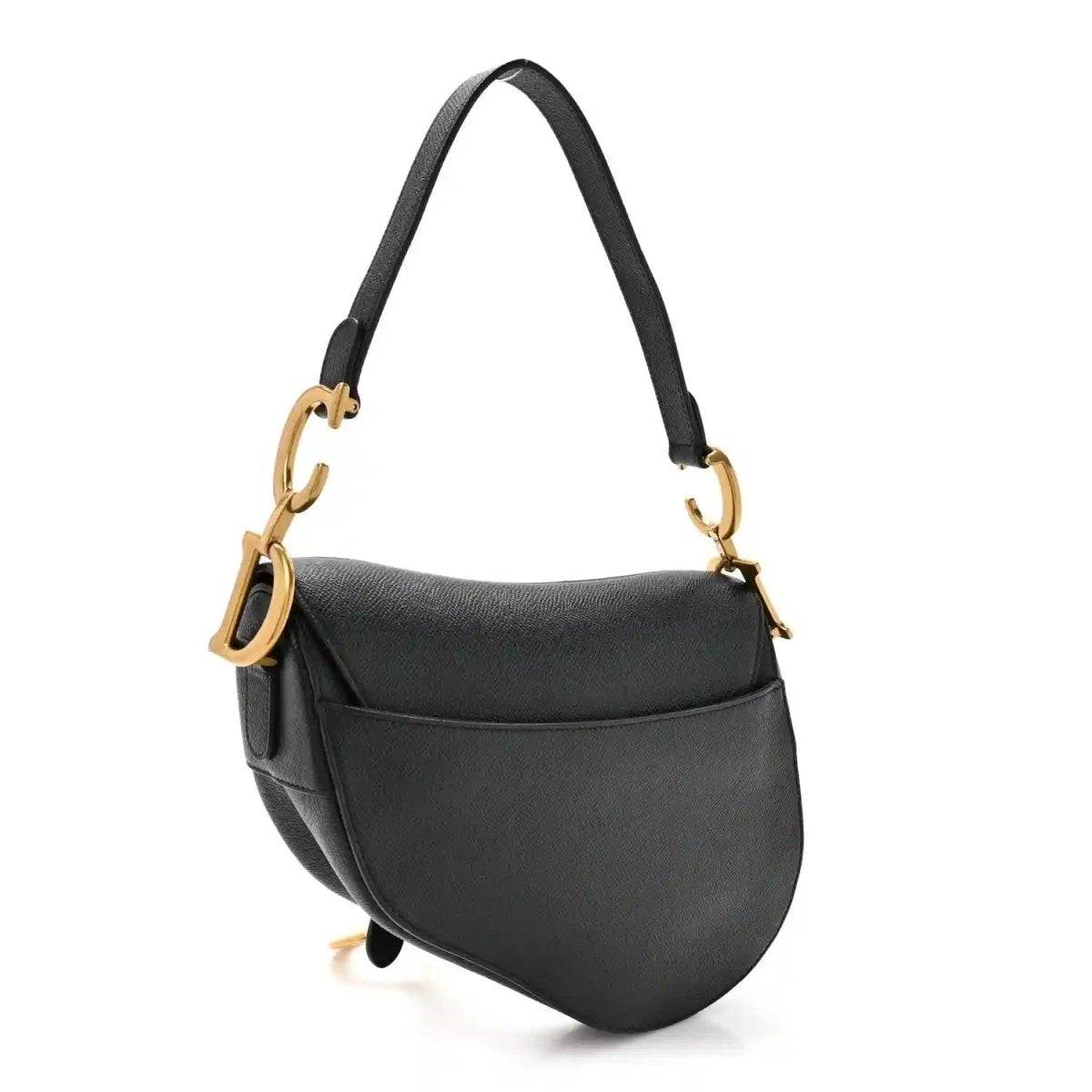 Christian Dior black grained calfskin saddle bag with flap, top handle strap, and gold-tone rings