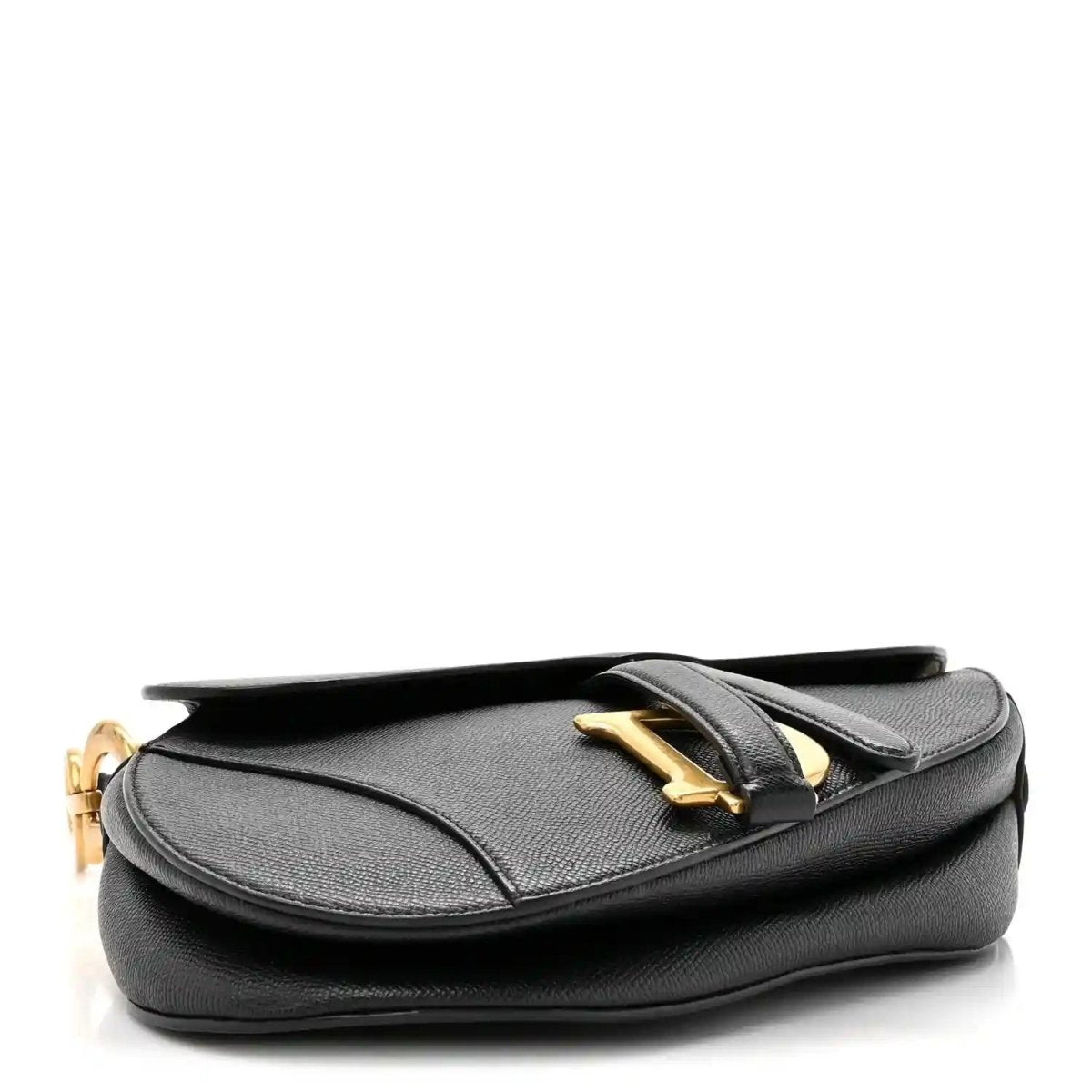 Christian Dior black grained calfskin saddle bag close side view with gold-tone logo hardware