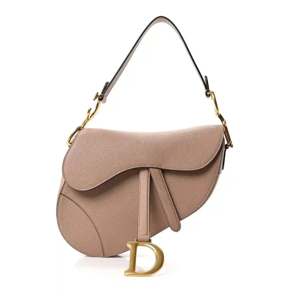 Light pink grained calfskin saddle bag with flap and gold-tone shoulder hardware