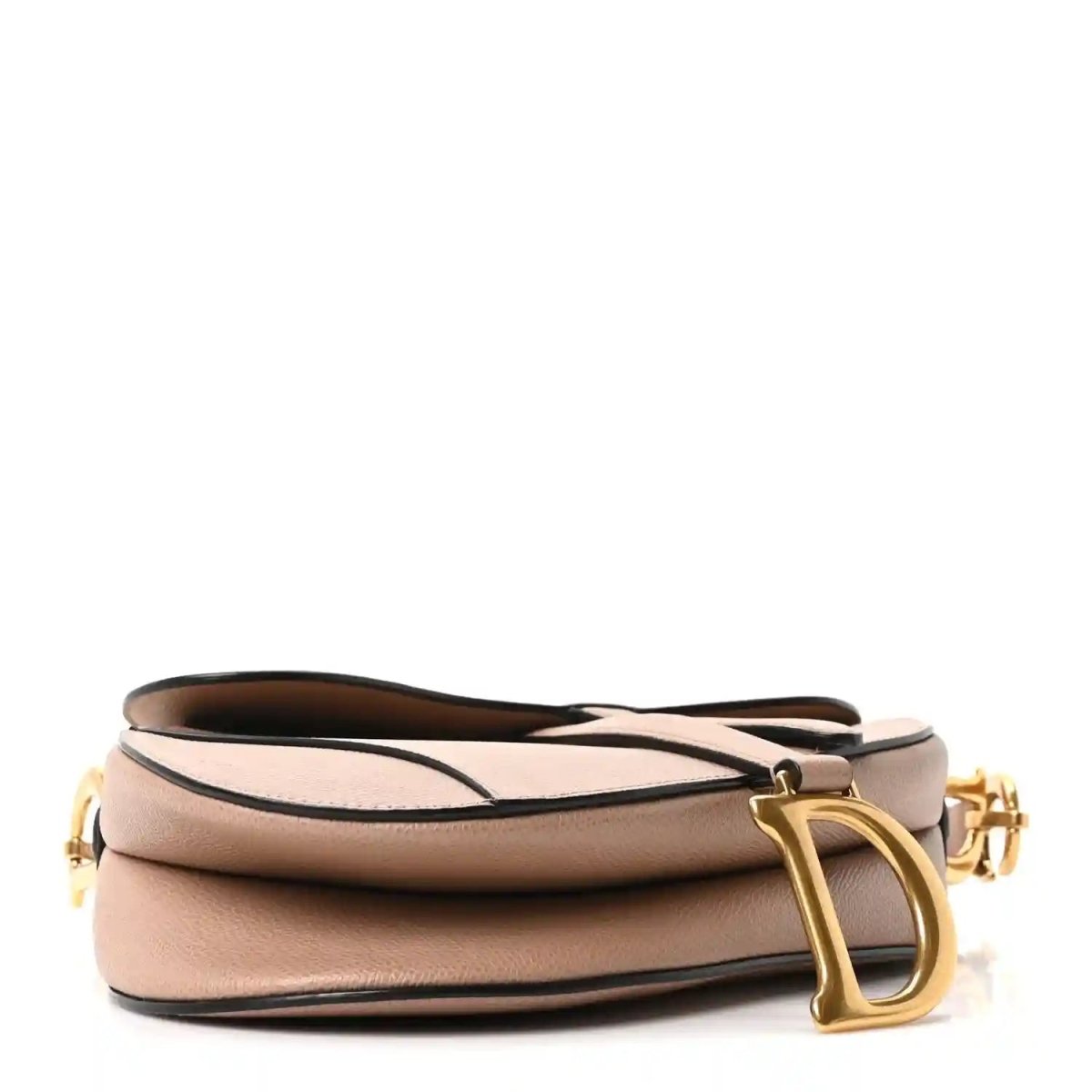 Light pink grained calfskin saddle bag with wide strap and gold-tone D buckle