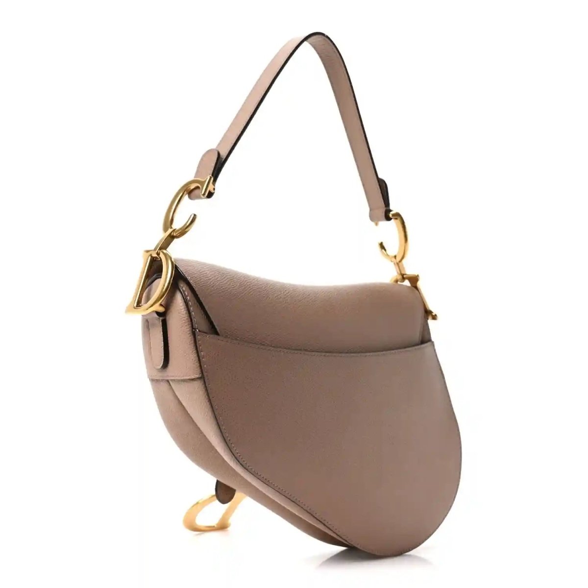 Light pink grained calfskin saddle bag, side view, with gold-tone D clasp and strap