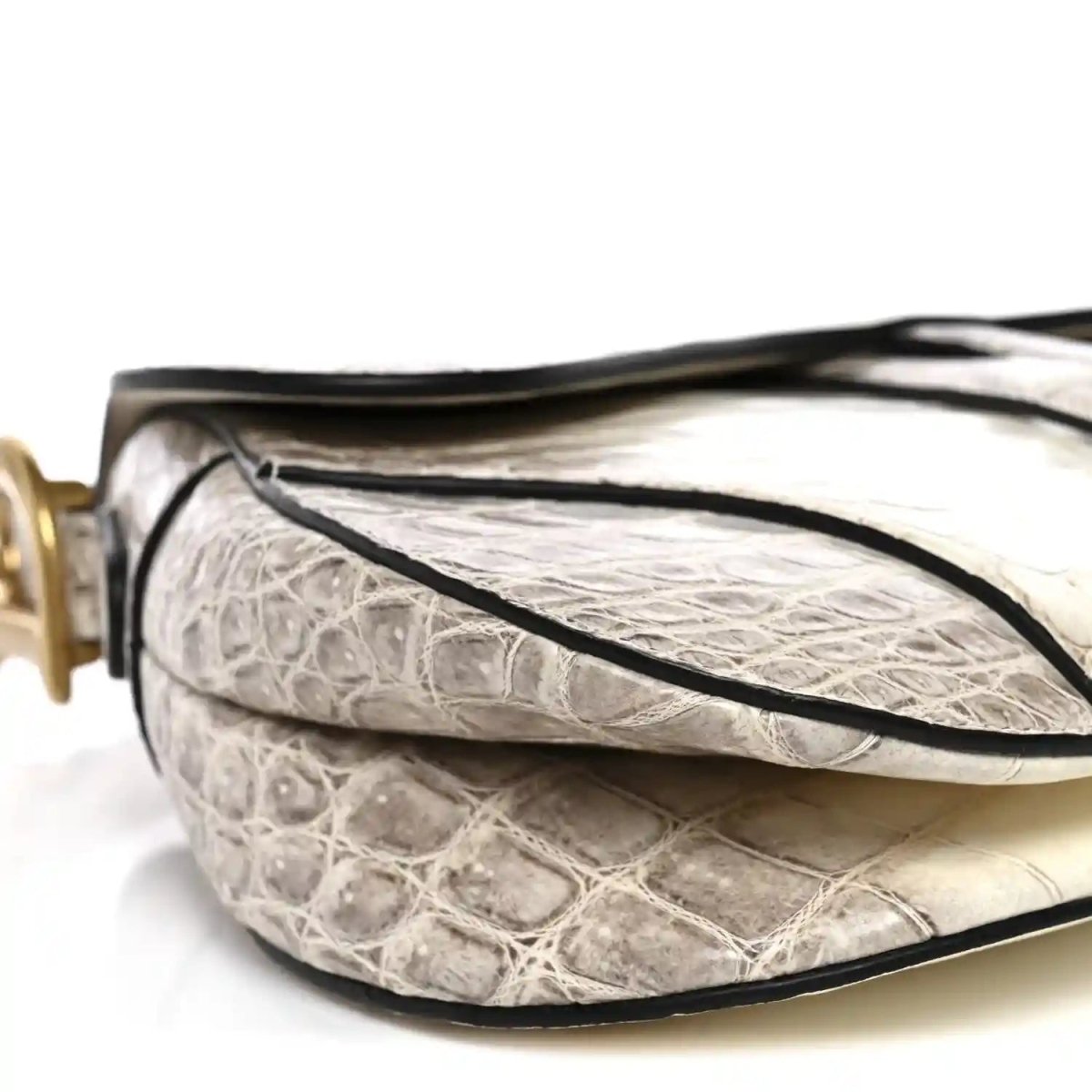 Crocodile-effect leather saddle bag with black trim and top zipper